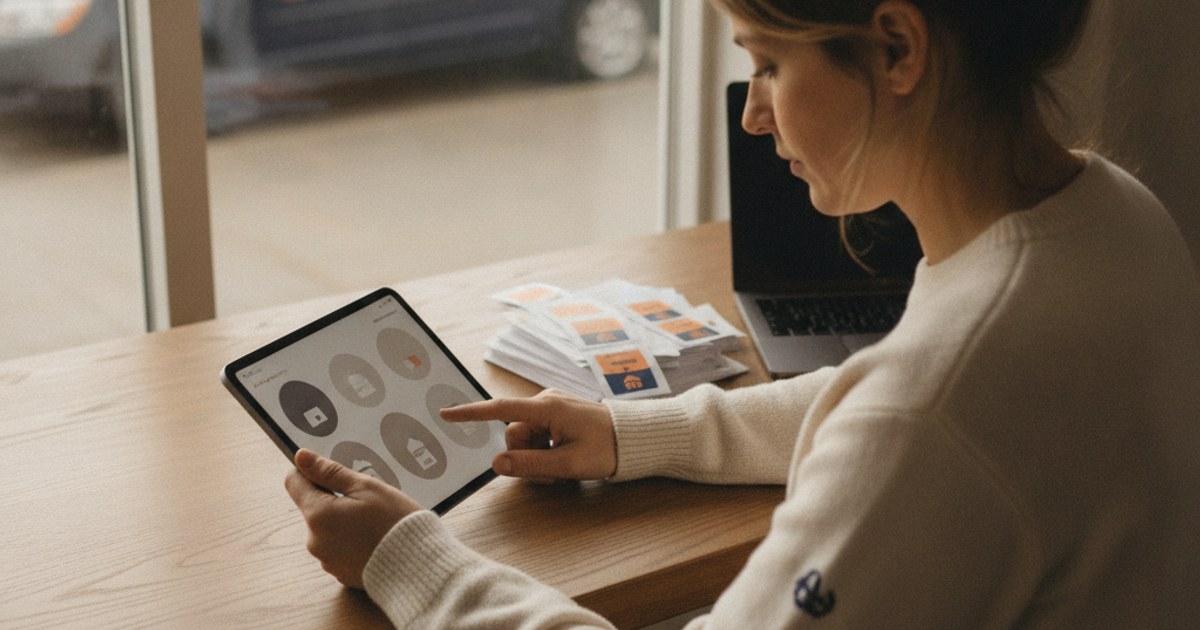 Dueño de un negocio de encomiendas revisando en una tablet el panel de varias tiendas conectadas