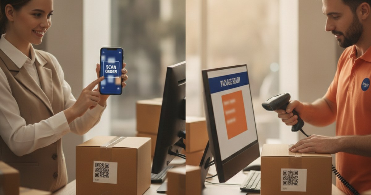 Comparación de un empleado escaneando una guía con la cámara del celular y otro con un lector físico de código QR