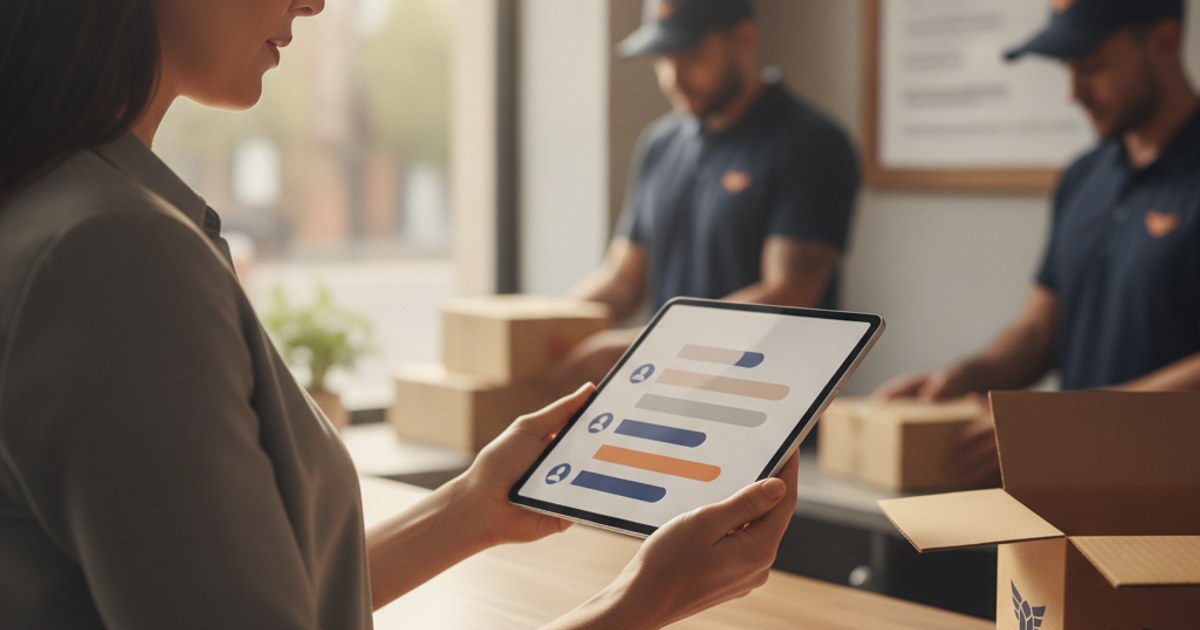 Dueño de un negocio de paquetería revisando en una tablet una tabla de desempeño de repartidores