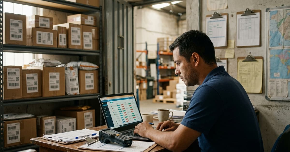 Dueño de un courier revisando en su laptop los estados de las guías de envío de su software de paquetería