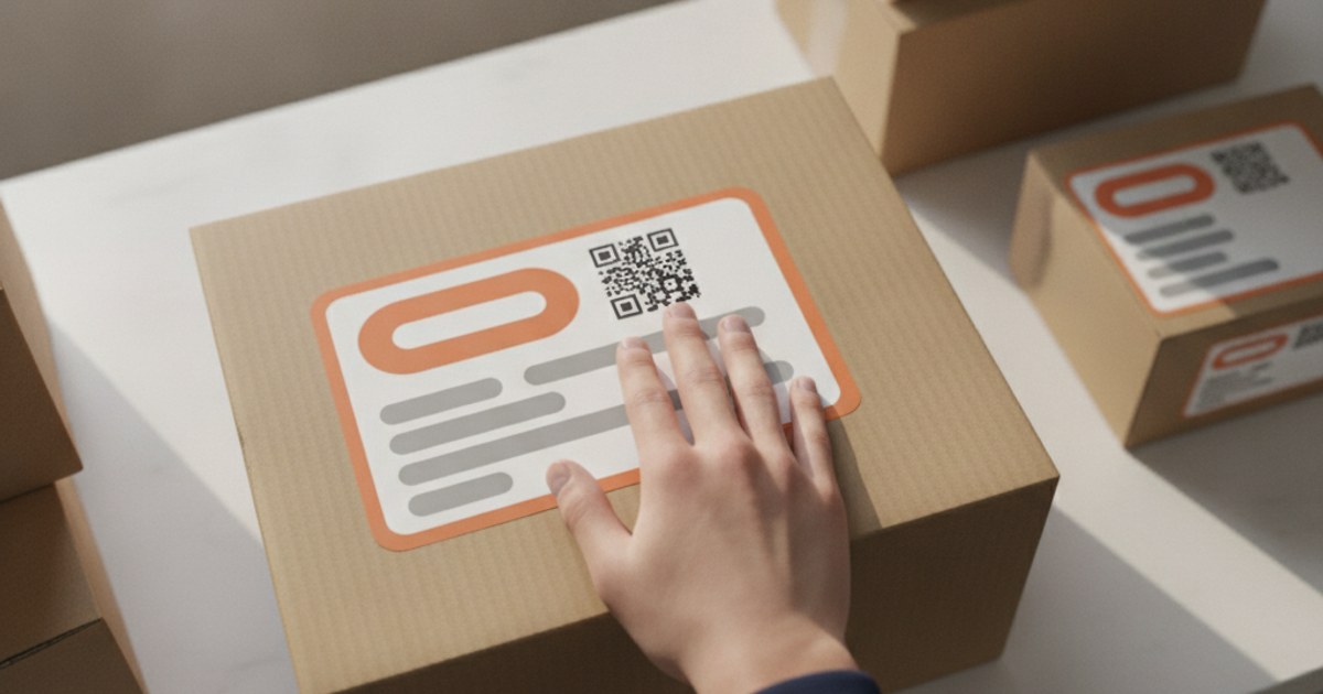 Etiqueta de envío con el logo y los colores de un negocio de paquetería sobre un paquete