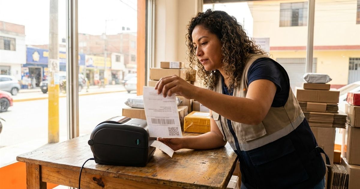 Courier latino revisando una etiqueta de envío impresa en impresora térmica con la zona y la dirección del destinatario bien legibles