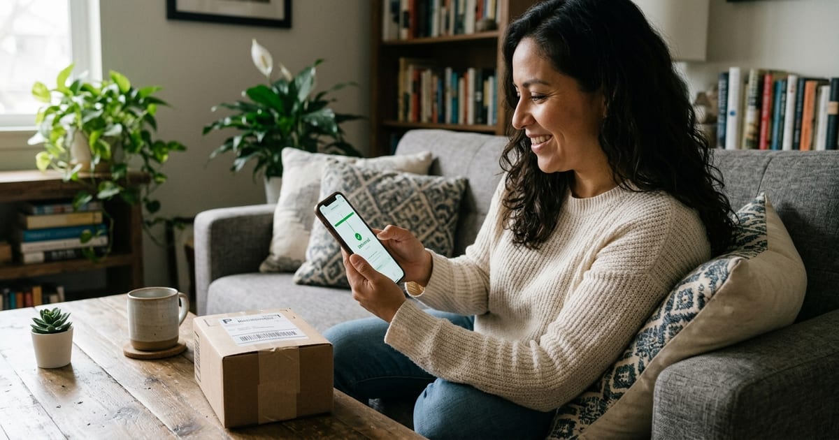 Cliente consultando el rastreo de su pedido en el celular en vez de escribir por WhatsApp al negocio