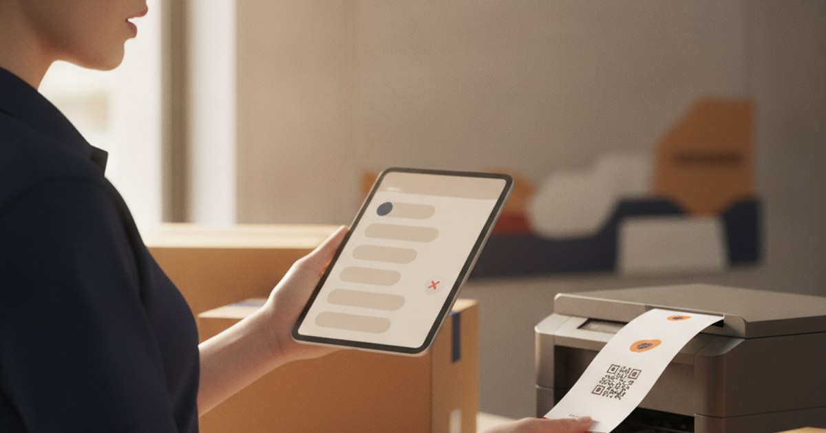 Empleado revisando en una tablet un pedido marcado como cancelado antes de imprimir su etiqueta