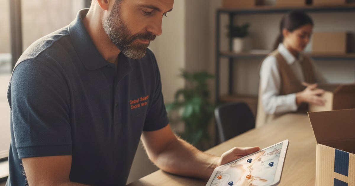 Dueño de un negocio de paquetería revisando en una tablet un mapa de cobertura de nuevas zonas