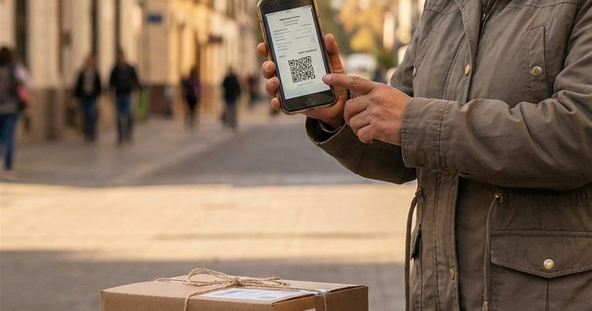 Repartidor chileno emitiendo una boleta electrónica del SII junto a paquetes con etiqueta y código QR