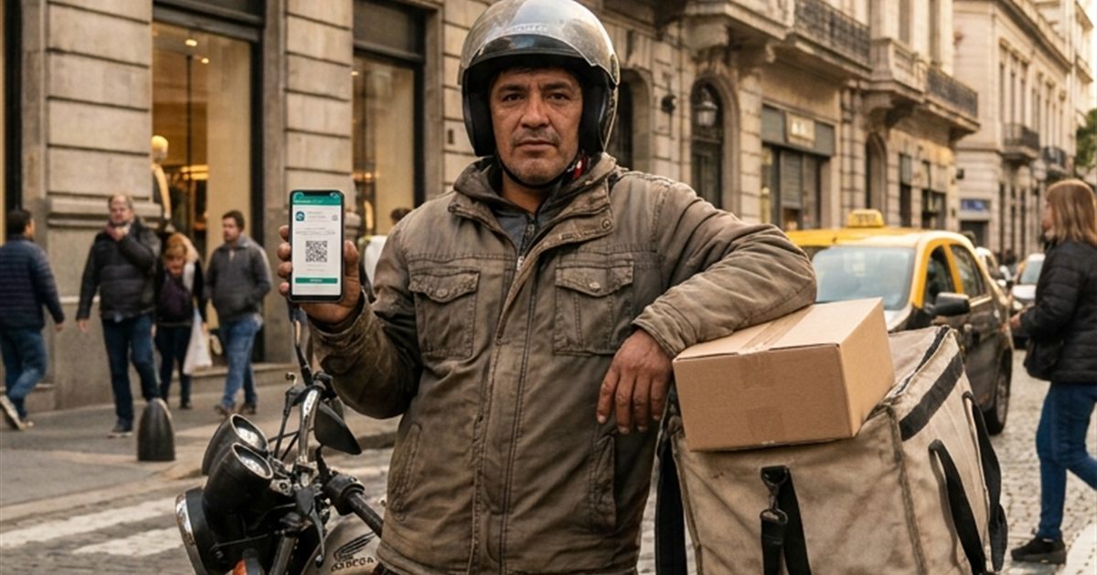 Repartidor argentino con una factura electrónica en su celular junto a paquetes con etiqueta y código QR