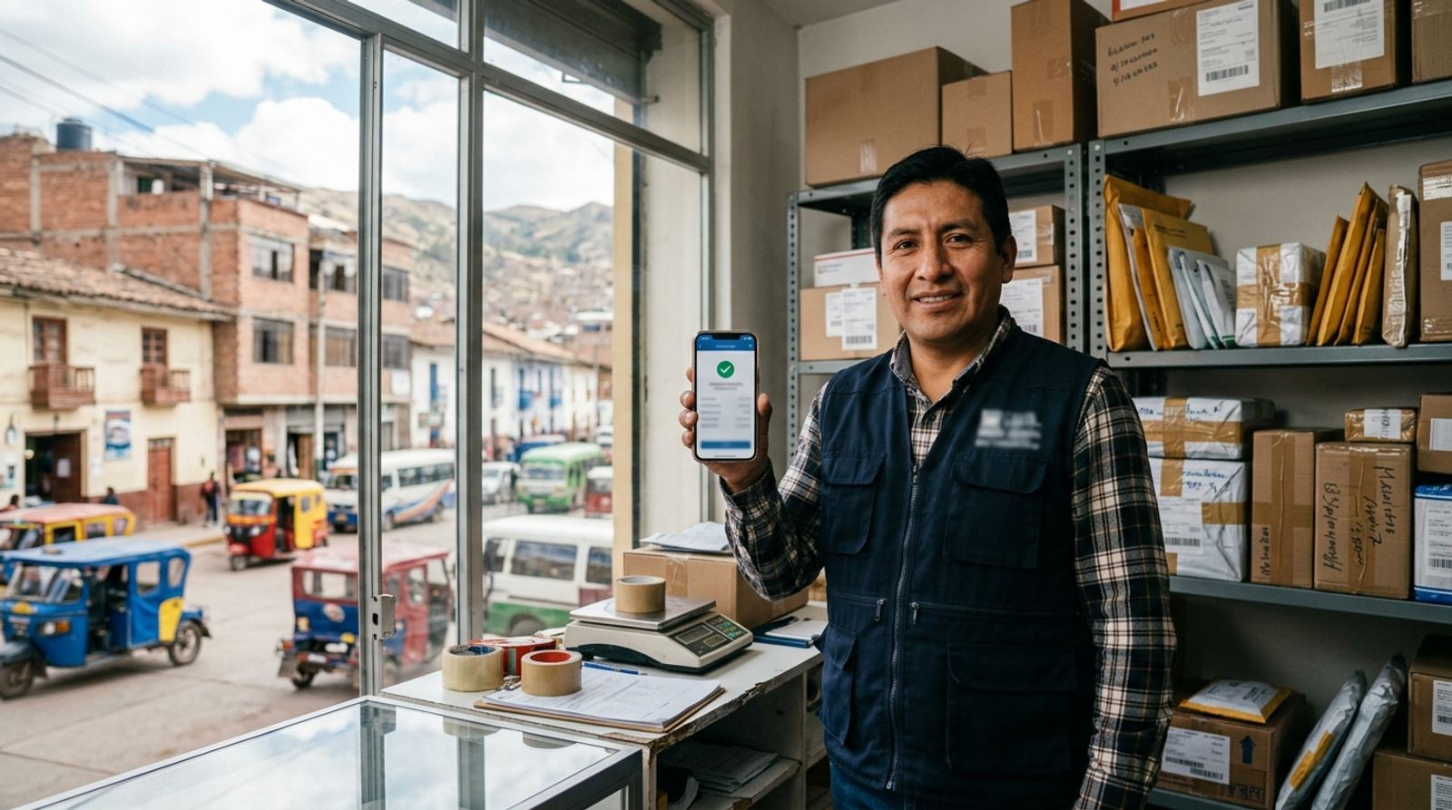 Repartidor peruano revisando un comprobante electrónico SUNAT en el celular junto a paquetes con guía