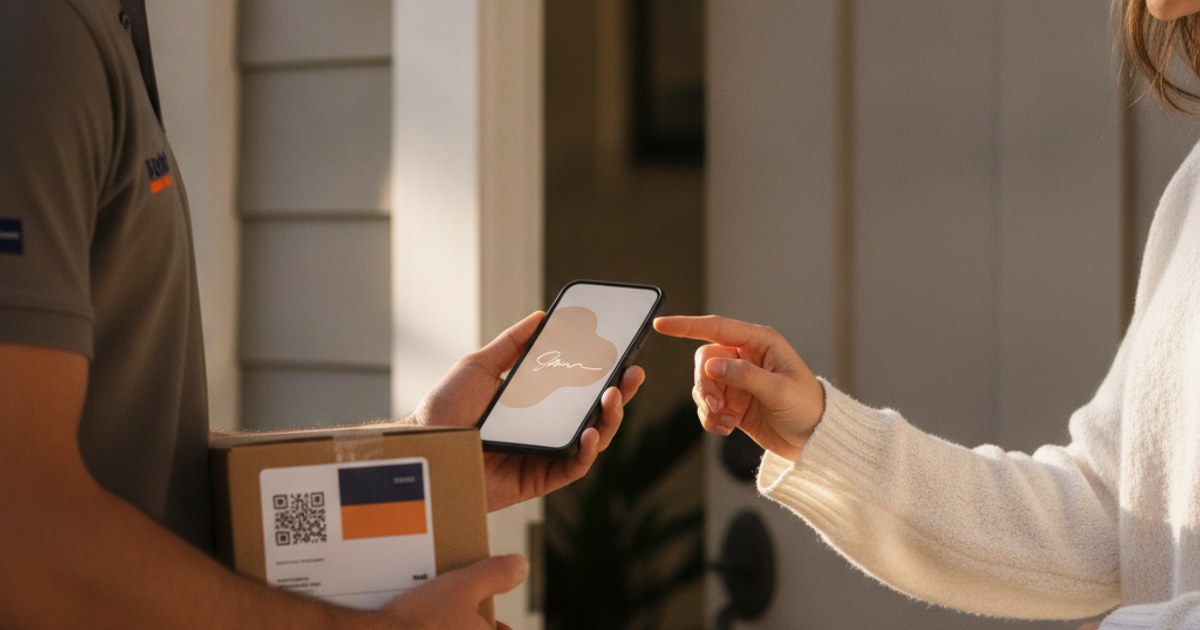 Destinatario firmando en la pantalla de un celular al recibir un paquete de un repartidor