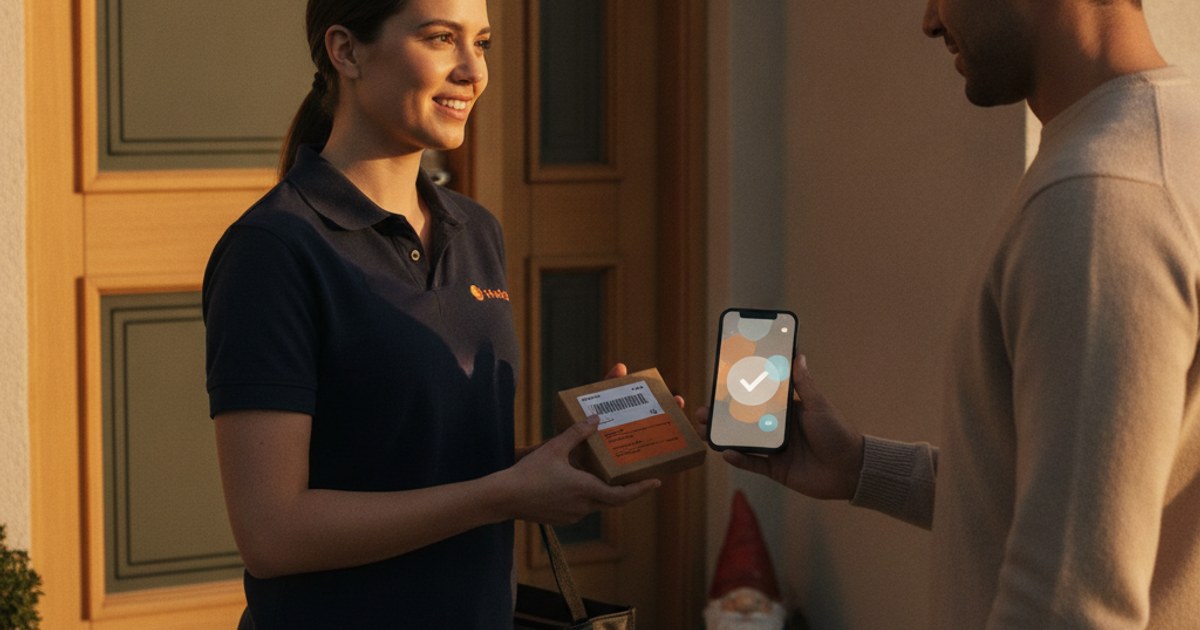 Repartidor mostrando a un cliente nuevo el rastreo de su pedido al momento de la entrega