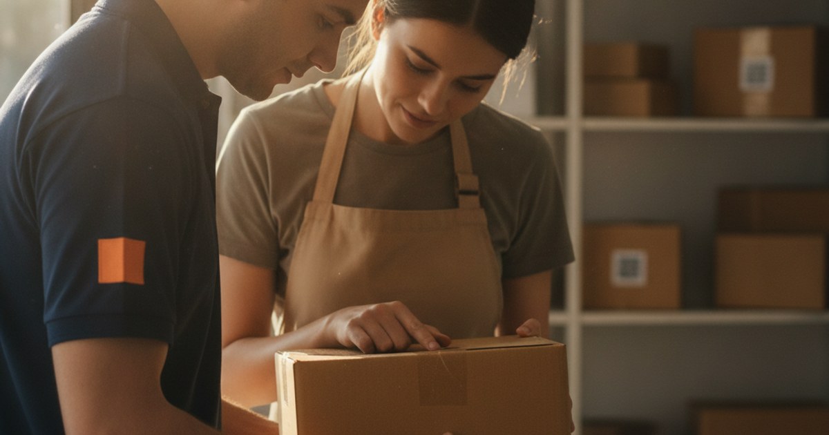 Repartidor devolviendo una caja de paquete a la tienda de origen con la guía en mano