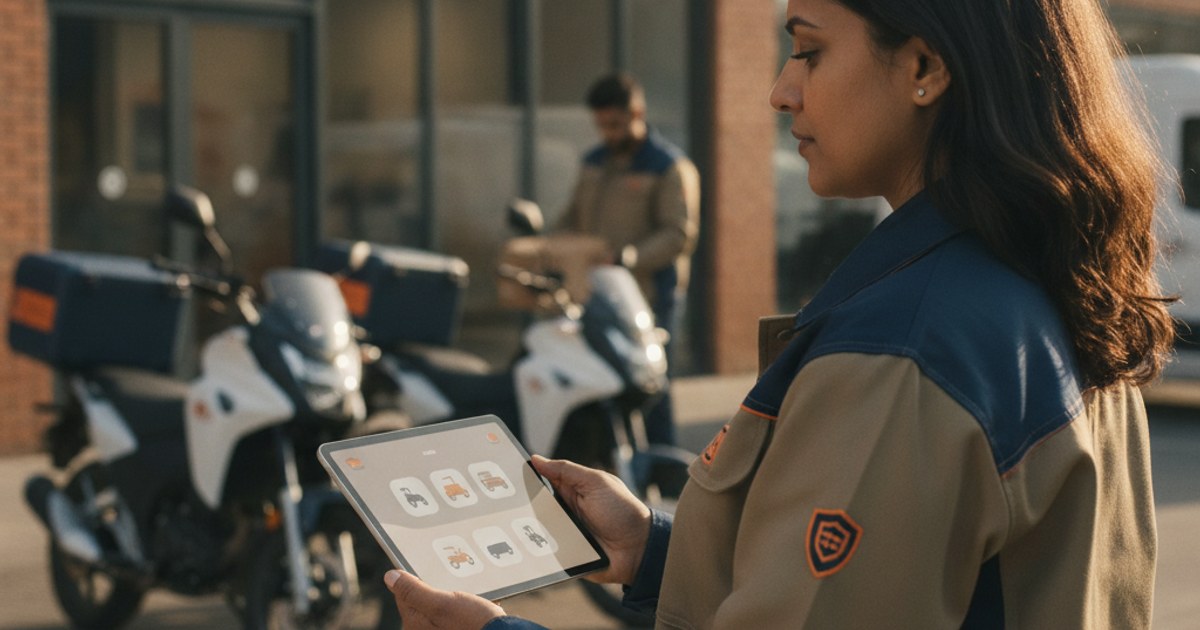 Dueño de un negocio de paquetería revisando en una tablet el catálogo de motos y carros de su flota