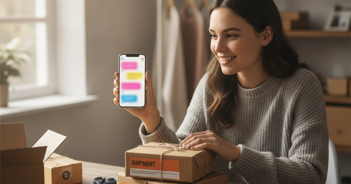 Persona revisando pedidos de ventas por redes sociales en el celular junto a paquetes listos para enviar