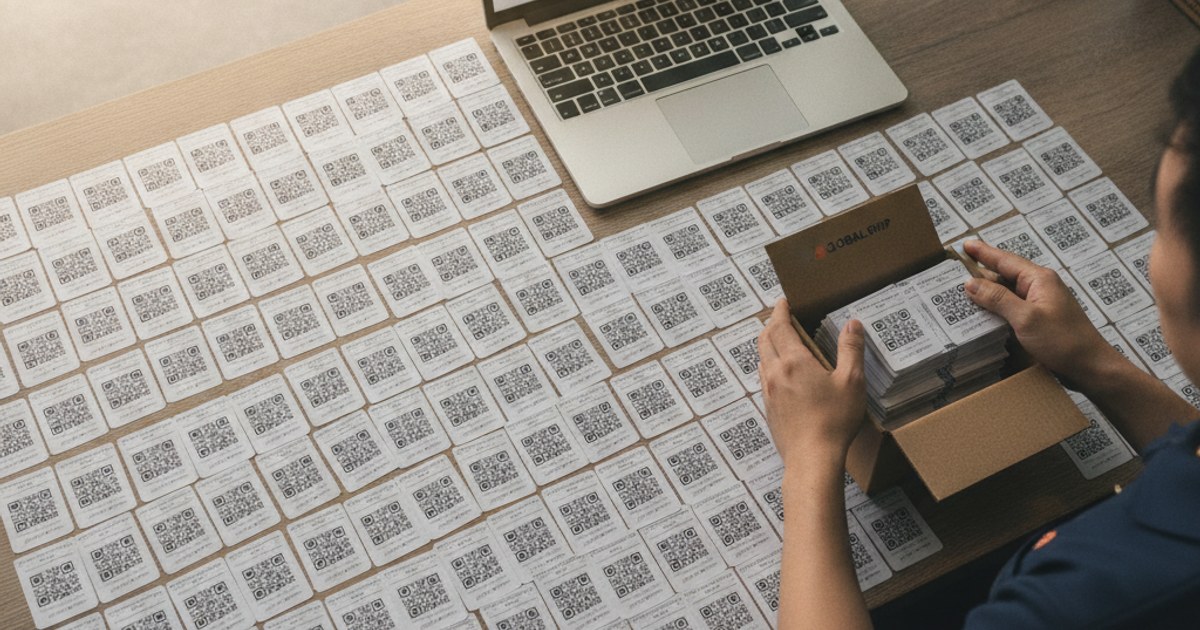 Varias guias de envio con codigo QR generadas en lote sobre un mostrador junto a una laptop