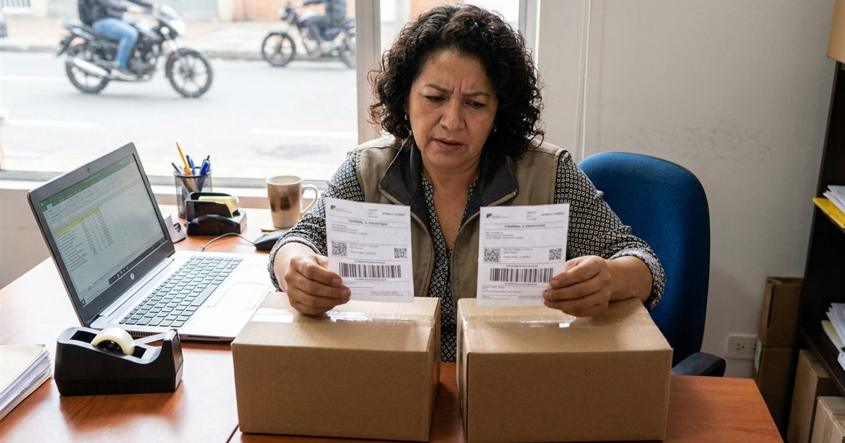 Dueña latinoamericana de un courier comparando dos etiquetas de envío casi idénticas en pantalla para detectar una guía duplicada