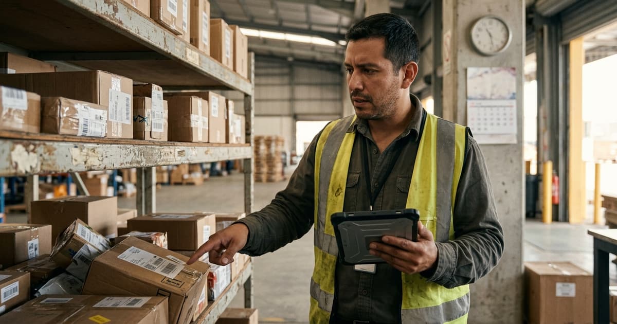 Encargado de un courier revisando en su computadora las guías de envío detenidas en un software de paquetería