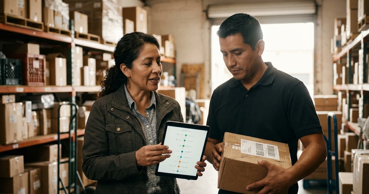 Dueña de un negocio de paquetería revisando en una tablet el historial de estados de una guía de envío