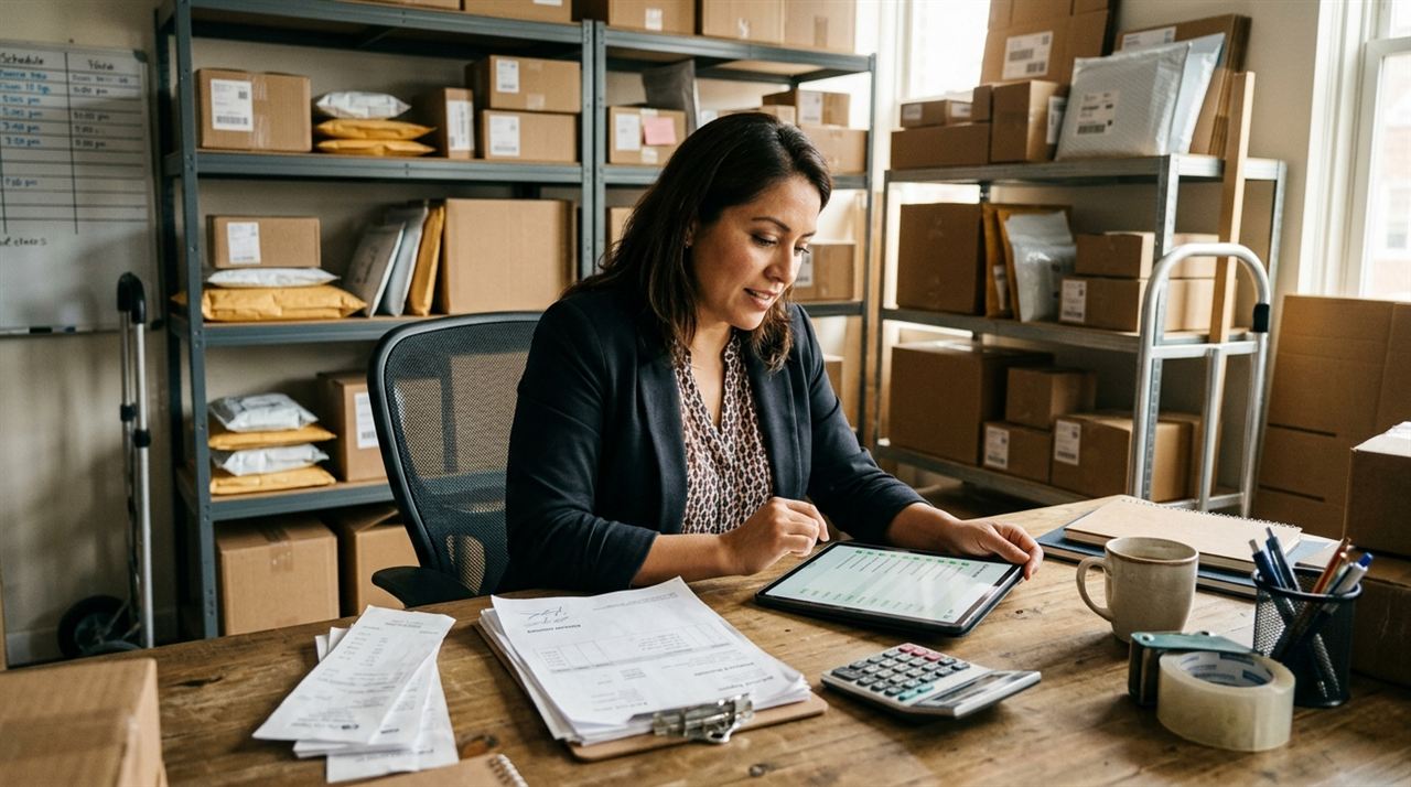 Dueña latina de un courier revisando en su software de paquetería el historial de liquidaciones pagadas a cada tienda cliente