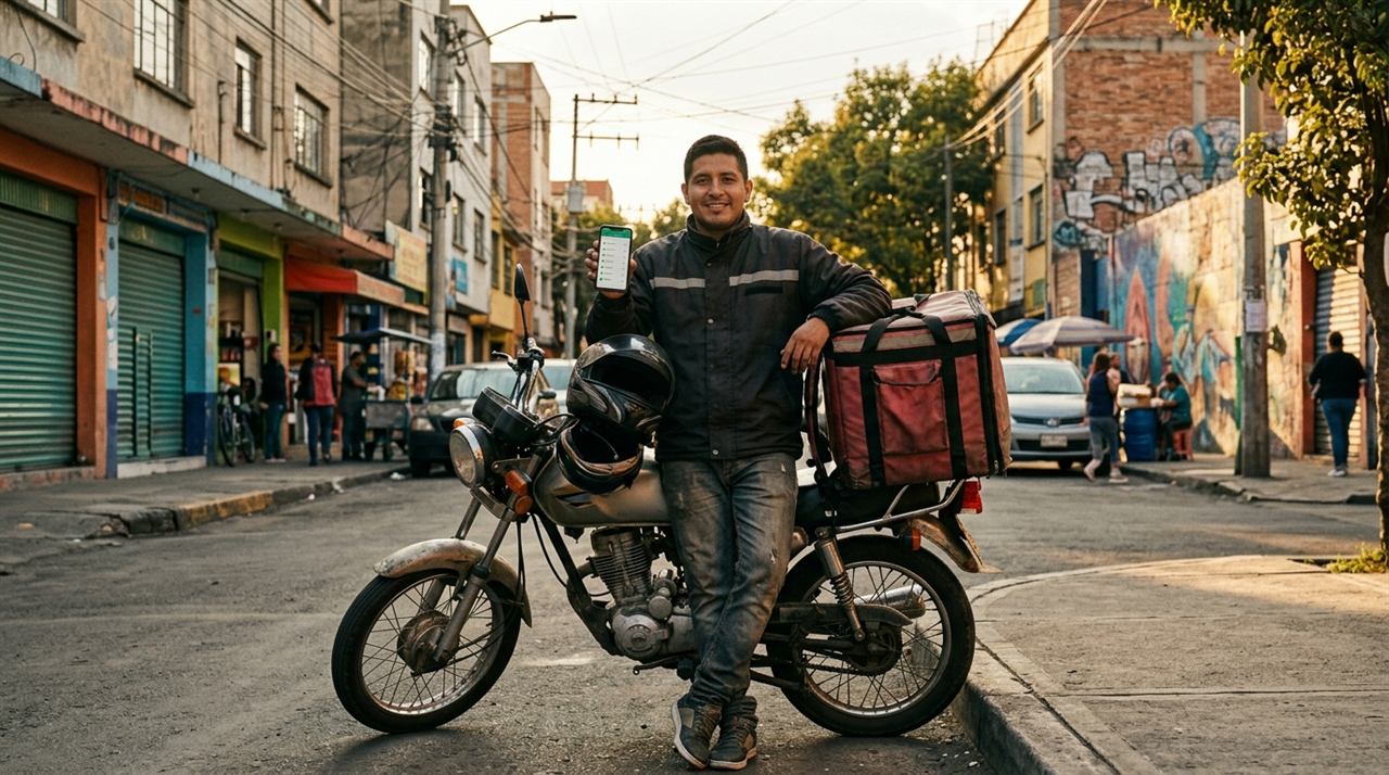 Repartidor latino revisando en su celular el historial de guías entregadas de su software para courier