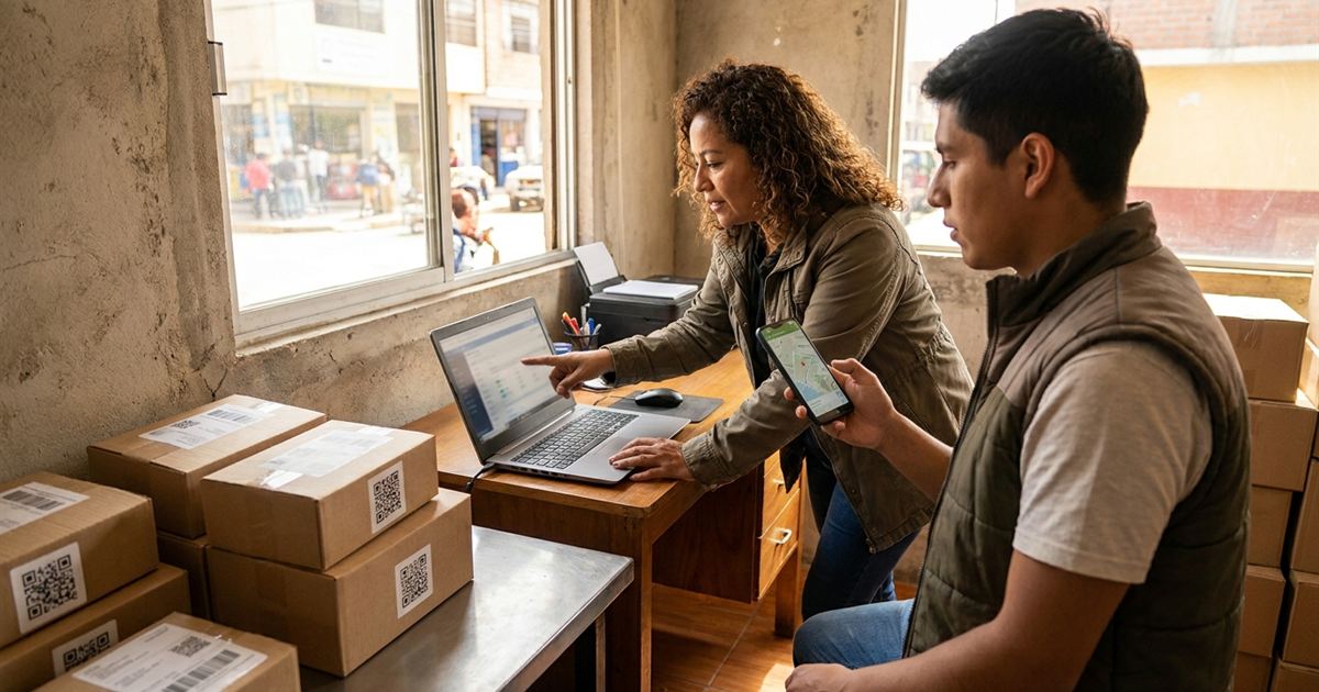Courier latinoamericano configurando su software de paquetería en una laptop con un repartidor y paquetes etiquetados al fondo