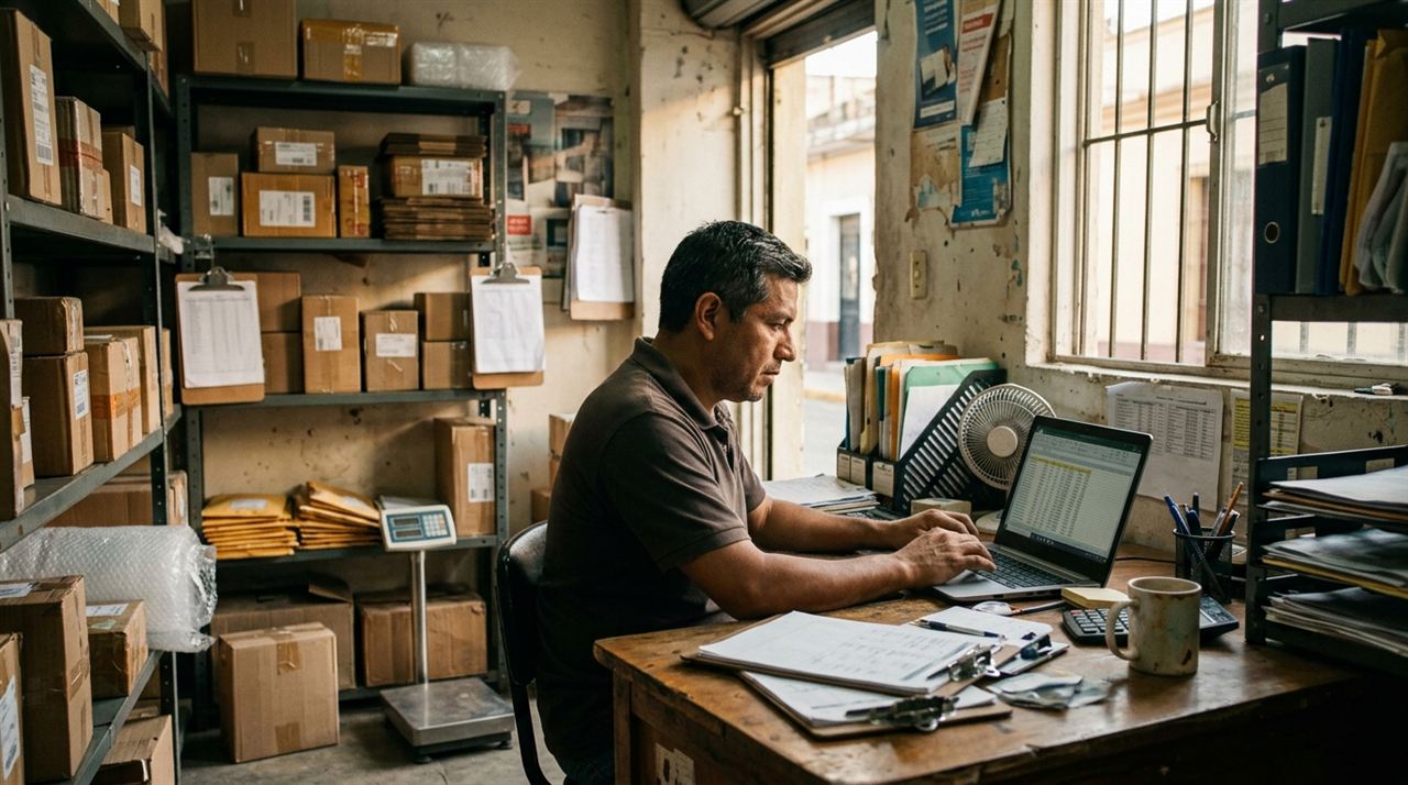 Dueño de un courier latinoamericano importando su lista de tiendas y repartidores desde Excel a su software de paquetería
