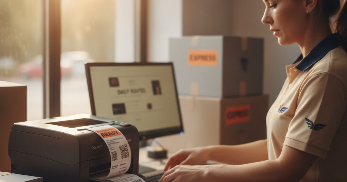 Empleada de tienda imprimiendo varias etiquetas de guia con codigo QR en lote antes de la ronda de reparto