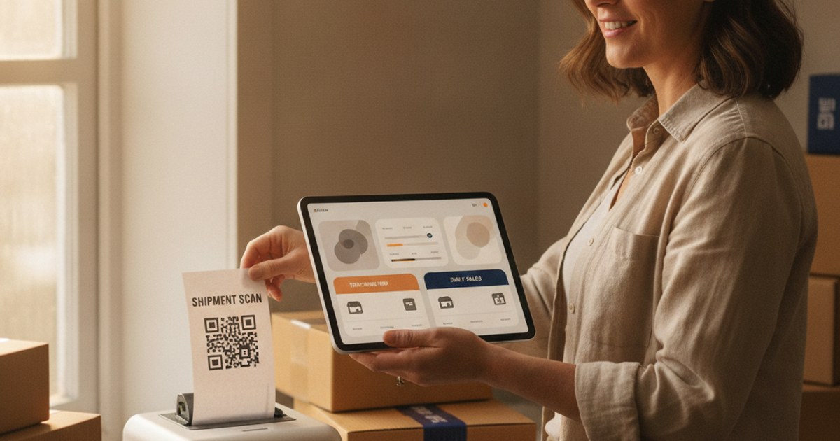 Dueno de un negocio de paqueteria comparando una impresora de etiquetas simple con un panel completo de gestion en una tablet