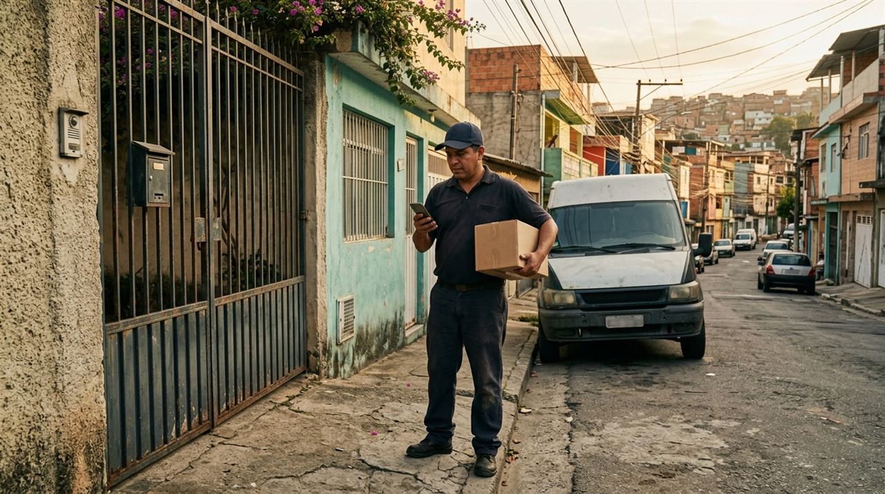 Repartidor latino revisando en su celular la lista de incidencias pendientes de su software de paquetería para courier