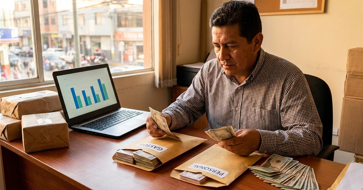 Dueño latino de un courier comparando en su computadora el dinero cobrado contra entrega con sus ingresos reales en el panel de Analytics