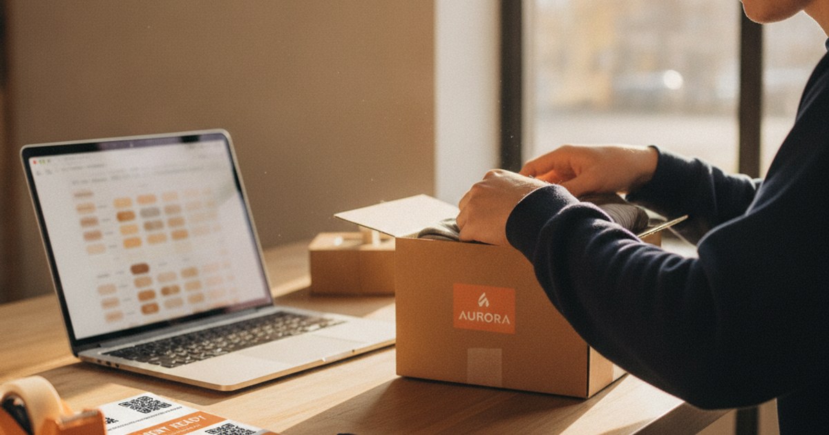 Empleado de una tienda online revisando pedidos en una laptop junto a paquetes listos para enviar