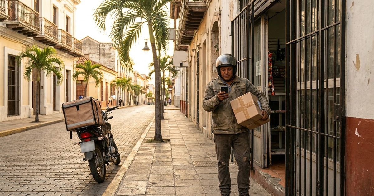 Repartidor latino revisando en su celular la lista de guías que debe recoger en una tienda según la recolecta de su software de paquetería