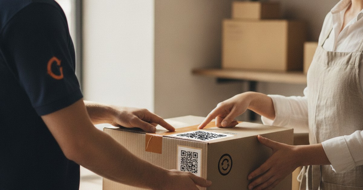 Repartidor entregando de vuelta a la tienda un paquete devuelto por un cliente