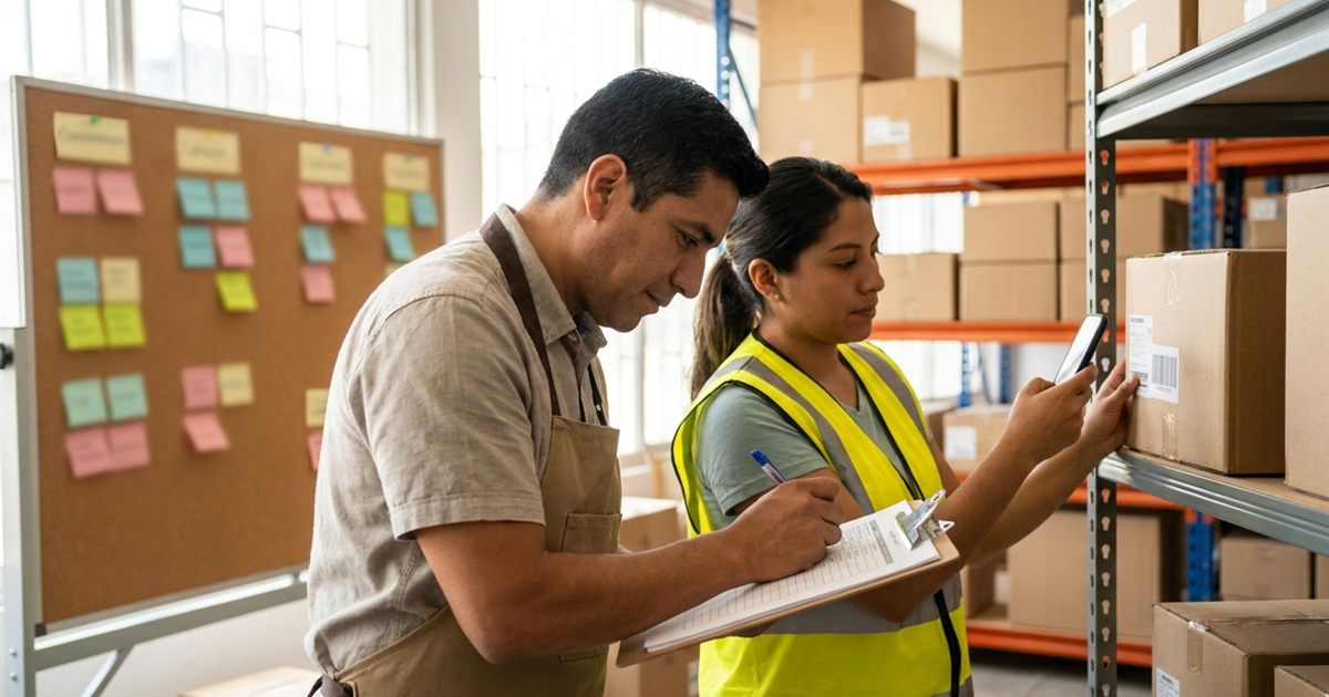 Dueño latino de un courier escribiendo en una libreta los pasos de la operación diaria junto a su computadora con el software de paquetería