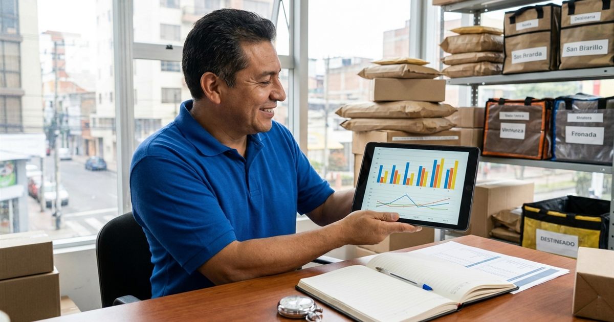 Dueña de un courier latinoamericano comparando indicadores de su software de paquetería en una laptop con una libreta y paquetes sobre el escritorio