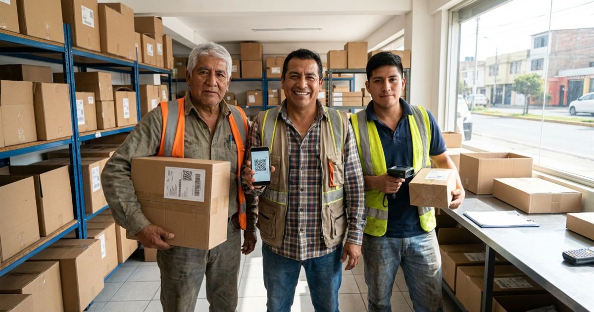 Tres repartidores latinoamericanos de un courier con paquetes etiquetados y un celular mostrando el mejor software para courier