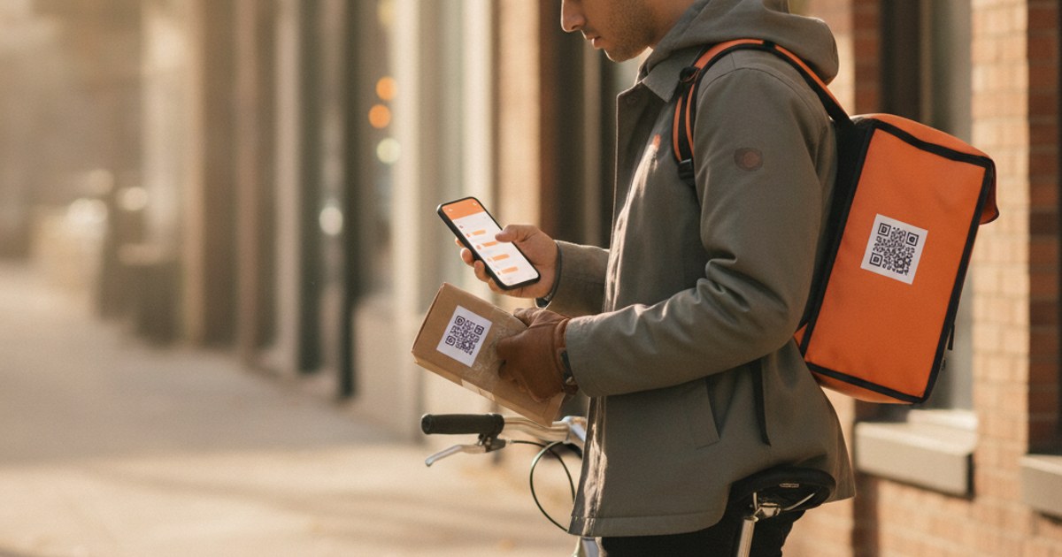 Mensajero en bicicleta revisando en su celular las entregas de su zona