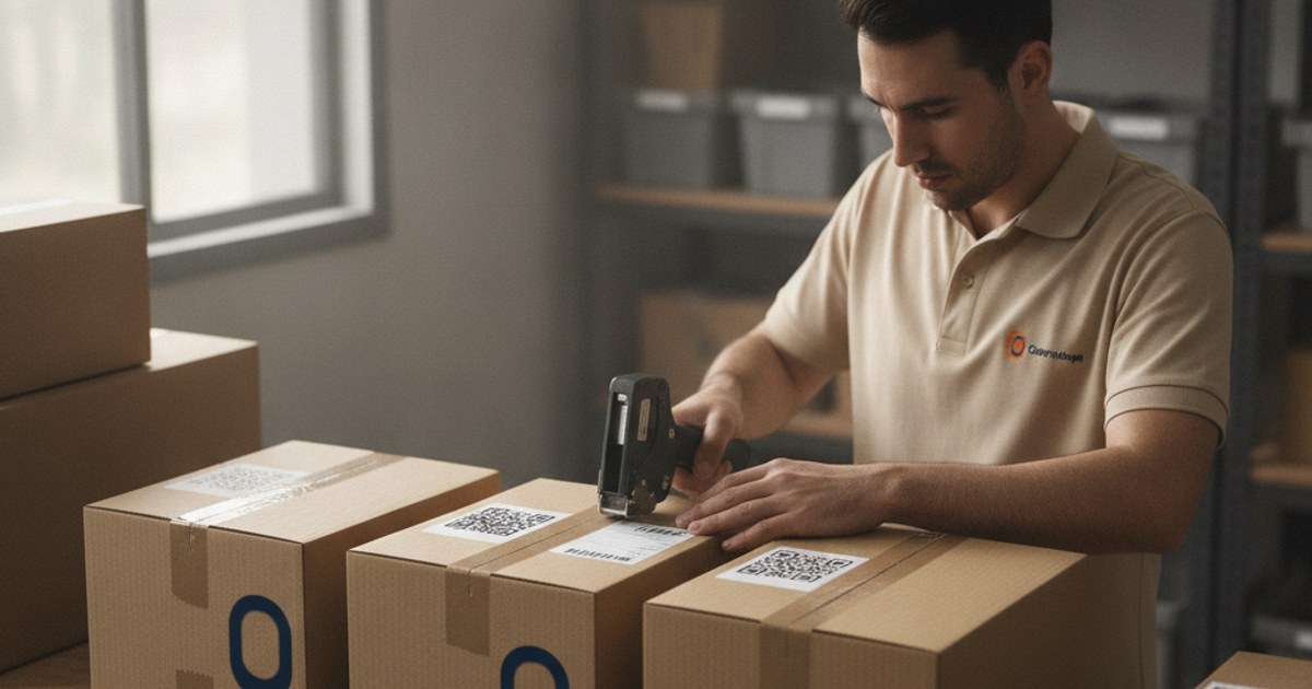 Empleado de bodega etiquetando varias cajas numeradas como parte de un mismo envío