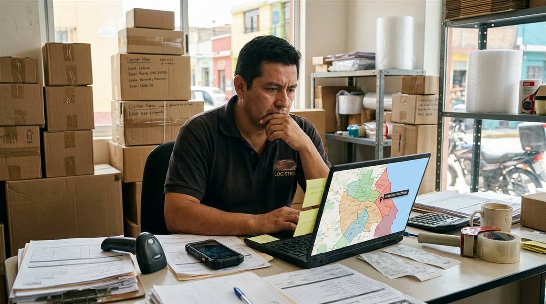 Dueño de negocio de paquetería revisando un mapa de zonas de cobertura en su computadora