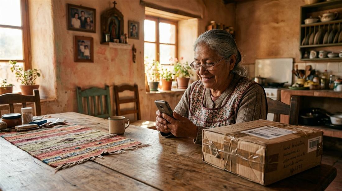 Persona mayor revisando en un celular sencillo un mensaje de texto SMS sobre la llegada de su paquete