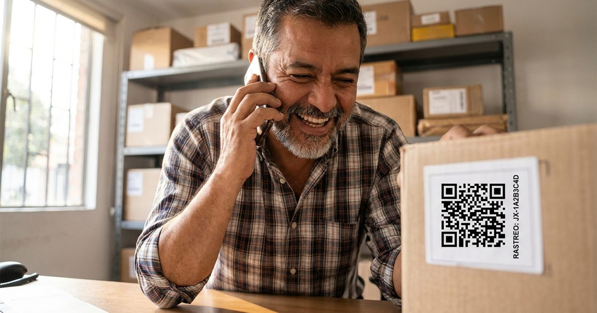 Courier latinoamericano leyendo el número de guía impreso en una etiqueta de envío mientras lo dicta por teléfono a un cliente
