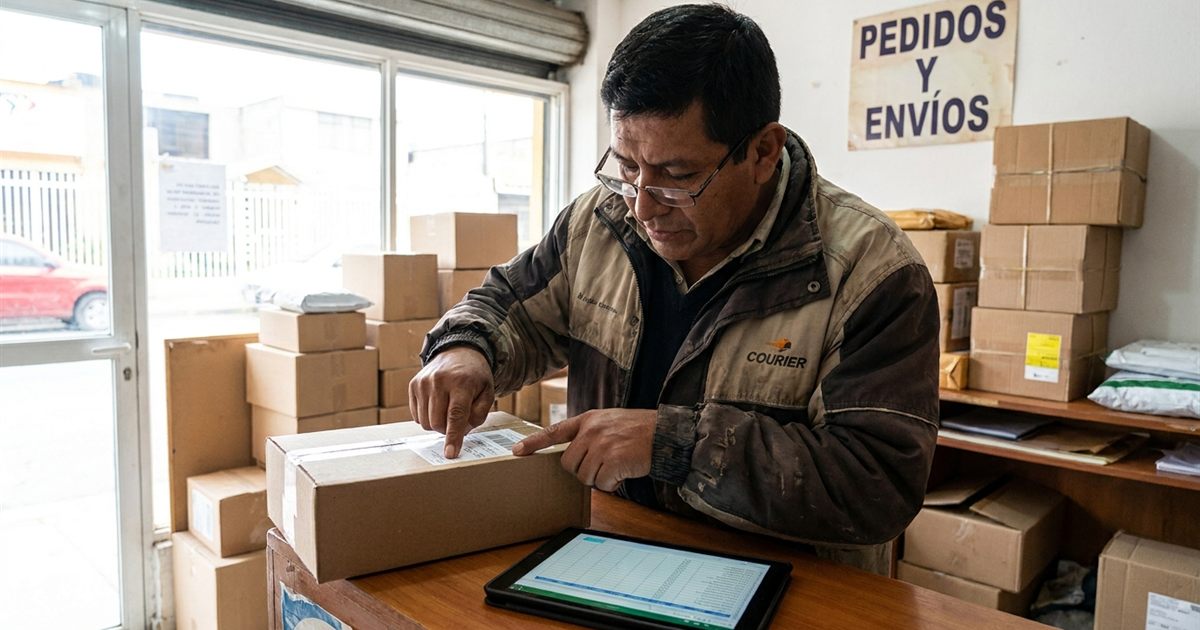 Courier latinoamericano comparando el número de orden de una tienda online con la etiqueta de guía de un paquete en su mostrador