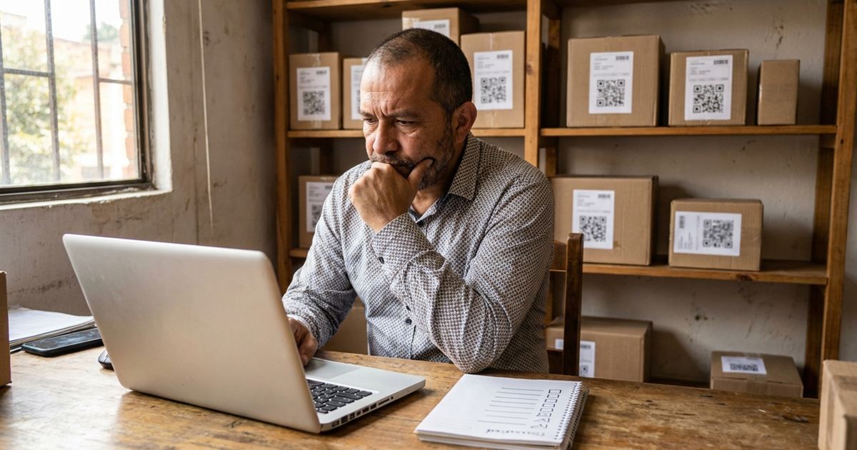 Dueño de un courier latinoamericano leyendo opiniones de un software de paquetería en una laptop junto a cajas y guías de envío