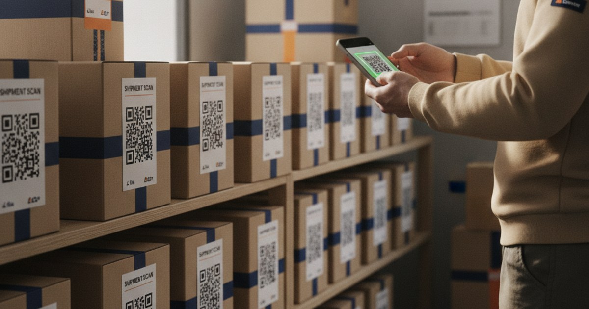 Bodega de courier organizada con paquetes etiquetados y códigos QR listos para despachar