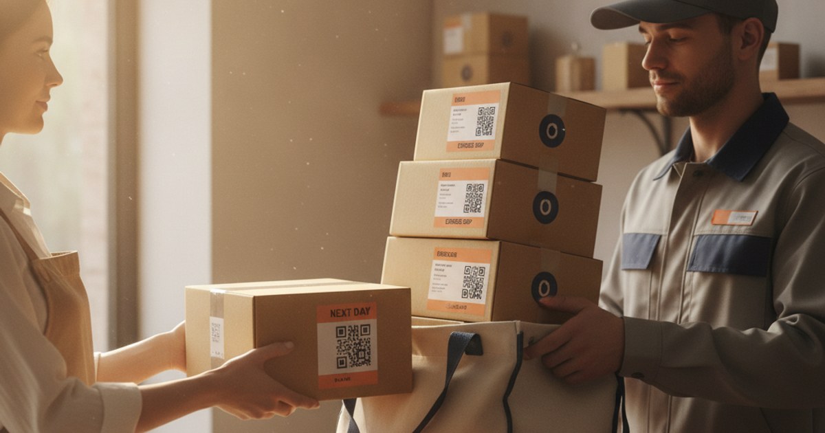 Repartidor recolectando una caja de paquetes en el mostrador de una tienda conectada