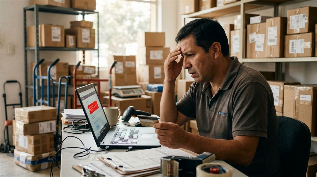 Dueño latino de un courier revisando un aviso de pago fallido de su software de paquetería en el panel de facturación