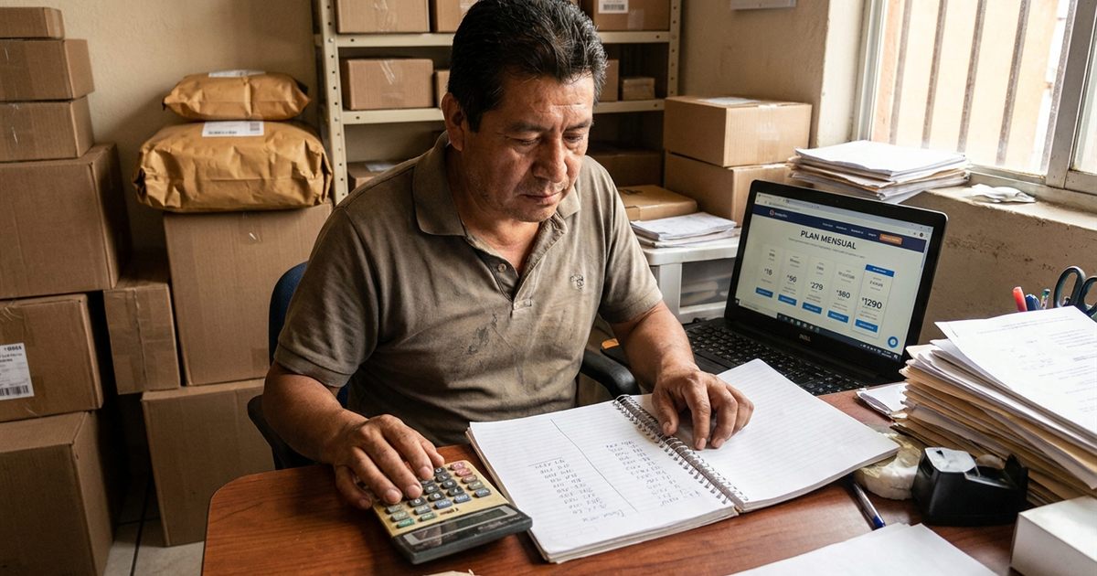 Dueño de un courier latinoamericano comparando en una libreta el pago único contra la suscripción mensual de un software para courier