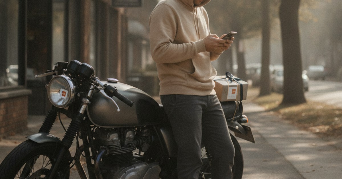 Persona revisando pedidos de envío en su celular un sábado por la mañana antes de salir a repartir