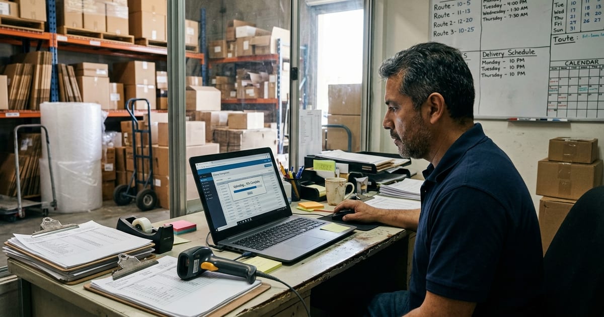 Persona revisando en una laptop un archivo de pedidos para cargarlo a un software para courier