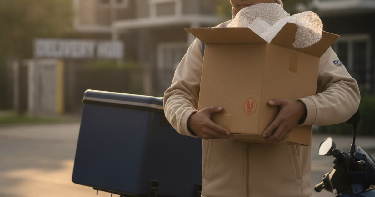 Repartidor sosteniendo con cuidado una caja marcada como frágil antes de entregarla