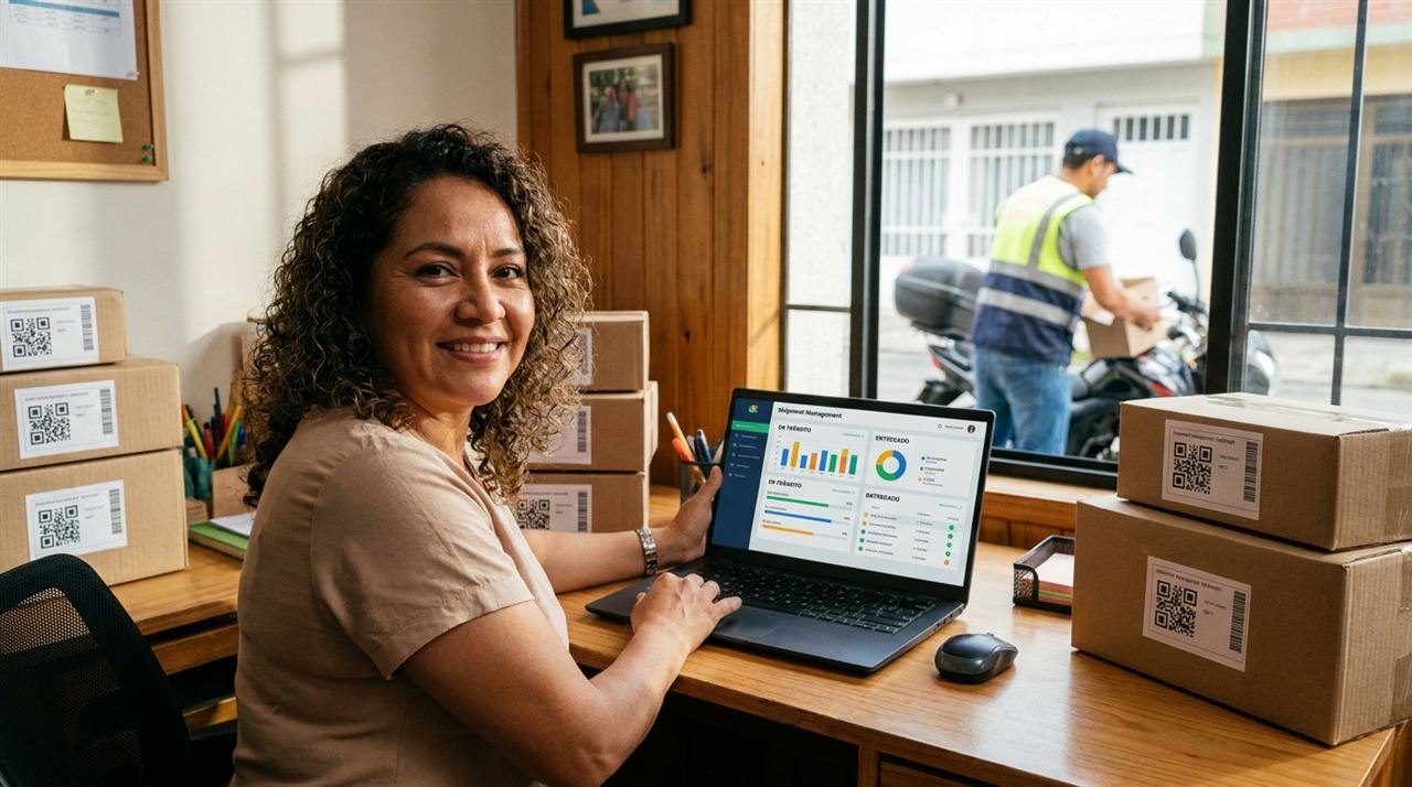 Dueña latina de un courier revisando en su computadora el panel de un software de paquetería con guías, repartidores y estados de envío